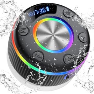Enceinte Bluetooth Douche,Enceinte Bluetooth Portable avec HD Mic, 360&deg; st&eacute;r&eacute;o, Lumi&egrave;re LED,Affichage de l'heure, haut-parleur Bluetooth &eacute;tanche IPX7 avec ventouse pour Salle de Bain,Ext&eacute;rieur, Noir (ALPHAMAZ LTD, neuf)