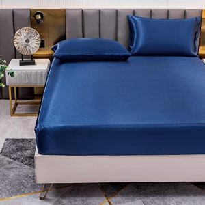 Drap Housse Satin 200x220 cm 2 Personnes avec Grand Bonnet de 30 cm pour Matelas Épais - Drap-Housse Douce en Satin de Soie Polyester Couleur Unie, Bleu Marine (Cote d'Anran, neuf)