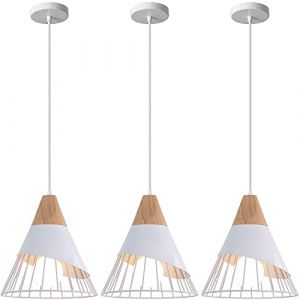 iDEGU Lustre Moderne, 25CM Suspension Luminaire Créatif Forme de Cône Cage Vintage Industrielle Lampe E27 Fer et Bois Plafonnier pour Chambre Salle à Manger (Blanc 3 Pack) (IDEGU, neuf)