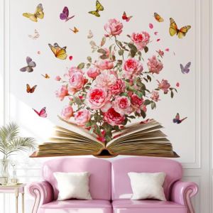 VePret Grandes Fleurs Et Livres D&eacute;calcomies Murables, Autocollants Muraux Roses Roses Et Papillons Floraux, D&eacute;coration Esth&eacute;tique En Vinyl Amovible Pour Chambre Salon Bureau Salle De Classe (VePret-FR, neuf)