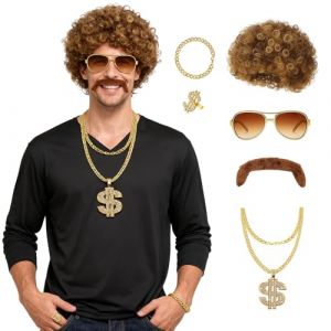 ZMCVOE Perruque Mulet Homme Des Ann&eacute;es 80, 6 Pi&egrave;ces 70s Costume De Perruque Rock Accessoires Avec Moustache, Lunettes, Cha&icirc;ne, PERRUQUE Coupe Mulet Homme pour Soir&eacute;e D&eacute;guis&eacute;e Carnaval Cosplay (rui ge motve, neuf)