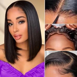 Perruque femme naturelle br&eacute;silien cheveux humain, 30 CM Glueless Wig Human Hair 4X4 Lace Wig Human Hair Straight Bob Perruque sans colle 180% de densit&eacute; Lace Wig Human Hair Beckina Friendelli. (Manni hair factory, neuf)