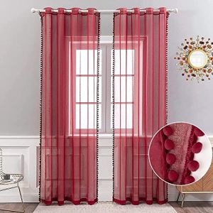 MIULEE Rideau Voilage à Pompons-Voilage Rouge a Oeillets Lot de 2 (2XL140 x H 225 cm), Beaux Rideaux Décoratif Chambre Bebe, Voilage Fenetre Intérieurs Salon, Rideau avec Boule Peluche (MIULEE HOME, neuf)