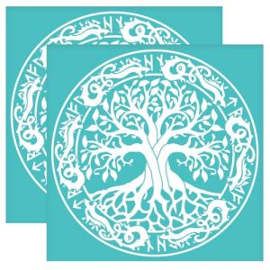 OLYCRAFT 2Pcs 22x22cm Pochoir de sérigraphie autocollant arbre de vie dragon viking Pochoir de sérigraphie réutilisable pochoir carré transfert pour peinture sur tissu t-shirt DIY (OLYCRAFT EU, neuf)