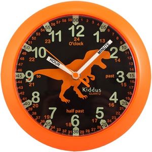 Kiddus Horloge murale pour enfant gar&ccedil;on et fille Horloge d&rsquo;apprentissage analogique avec exercices Facile &agrave; lire pour apprendre facilement &agrave; lire l'heure Anglais Dinosaure (Kiddus, neuf)