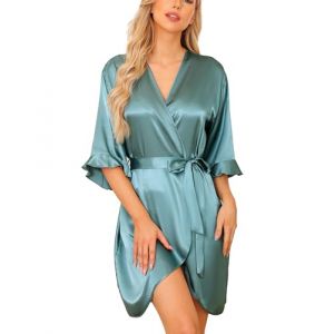 Wikoan Robes de Chambre Femme Ete Peignoir Satin Femme Robes Court Peignoir Sortie de Bain Doux Bridesmaid Bride Mariage Col V Gris Vert S (Wikoan Direct, neuf)