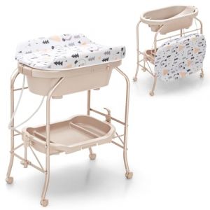 DREAMADE Table à Langer Bébé 4 en 1,Baignoire Bebe Pliable avec Support en Fer,4 Roues Universelles Verrouillables,Panier de Rangement,Commode à Langer Nourrisson 0-12 Mois,Charge 35 KG (Beige) (DREAMADE, neuf)