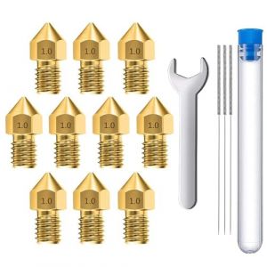 MMOBIEL 10 pièces MK8 en laiton de 1,0 mm pour imprimante 3D, extrudeuse compatible avec les séries Creality Ender 3, Ender 5, CR-10/10S, Makerbot, Anet A8, incluant 3 aiguilles de nettoyage et Clé (Menko Telekom, neuf)