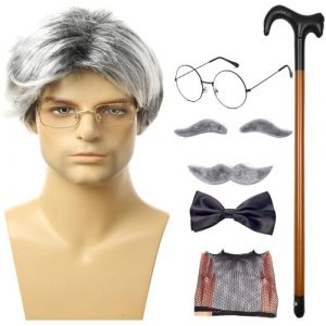 Cosplay de vieil homme, Costume de grand-père pour hommes, taille adulte - 8 pièces/ensemble perruque de vieil homme, perruques de grand-père - Perruque canne de marche, lunettes, Faux sourcils, moust (dictantop, neuf)