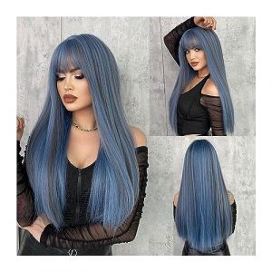 Perruques de cheveux humains 24inches Mode Femmes Perruques Synthétiques Avec Une Frange Sirène Bleu Couleur Longue Ligne Droite Perruques Cosplay Faux Cheveux Naturel Résistant À La Chaleur Perruques (linjie20248, neuf)