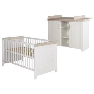 roba Chambre Bébé Duo Felicia - Lit Évolutif 70 x 140 cm + Commode à Langer Large - Poignées Métalliques - Surface Blanche - Décor Bois (Kidtini GmbH, neuf)