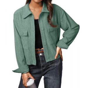 IWOLLENCE Veste décontractée pour femme en velours côtelé à manches longues boutonnées avec poches, Vert, M (IWOLLENCE FR, neuf)