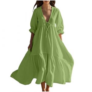 Femme Robe Boheme Chic Coton Lin Manches Longues/Manches Courtes Robe Col V Elegant Robes Swing D'éTé Plage DéContracté Maxi Robes Grande Taille Couleur Unie BohèMe Mi-Longue Dress (HAOLEI  FR, neuf)