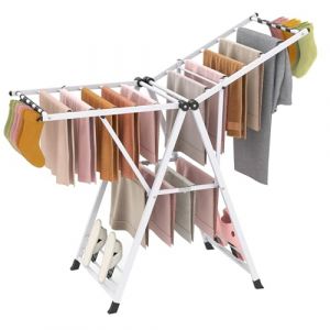 COSTWAY Etendoir Linge Pliable, Sechoir a Linge Pliable 16 Barres, Cadre en Acier, Hauteur Réglable 99-148 cm, Pinces à Chaussettes, 4 Porte-Chaussures, Tancarville Linge Intérieur (Blanc,141 cm) (FDS GmbH, neuf)