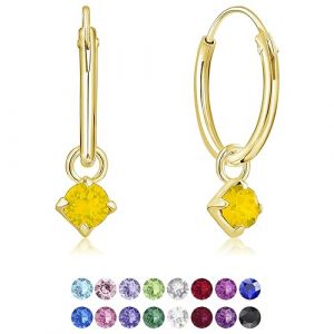 DTPsilver&reg; Boucles d'oreilles PETITES Cr&eacute;oles en Argent Fin 925 Plaqu&eacute; Or Jaune avec petit Pendentif 3 mm Cristaux de Swarovski&reg; Elements Ronds - Diam&egrave;tre: 14 mm - Couleur: Opale Jaune (DTPSilver, neuf)