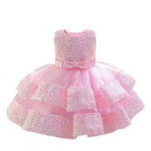 Miipat Bébé Fille Robe Bambin Princesse Tulle Sequins sans Manches Formelle Fleur Fille Robe pour La Fête Anniversaire Mariage Poudre Pêche 110 3-4 Ans (Miipat, neuf)