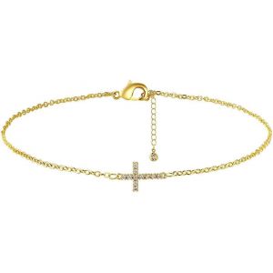 FDEETY Or 18K Mini Bracelet Croix Cha&icirc;ne en Acier Inoxydable Cuivre Avec Zirconium Respectueux de l'Environnement Cuivre Micro Zirconia Bracelet Croix Cadeau Recommand&eacute; Tr&egrave;s Low Profile (ZENITH SHOP, neuf)