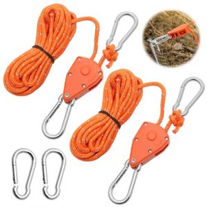 2 Pièces Corde à Cliquet Réglable 4M, Poulie à Cliquet Orange 1/8 avec 2 Replacement Crochets, Tendeur de Corde à Cliquet Réfléchissante pour Lampe Plantes Tente Randonnée (HUAKAIY, neuf)