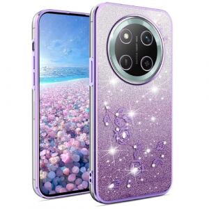YUEQIAN Coque Paillettes pour Honor Magic 7 Lite 5G (Magic7 Lite)/X9c, Tr&egrave;s Mince Transparent Doux TPU Silicone Antichoc Bling Housse, P&eacute;tillant Diamant Fleurs Femmes Filles &Eacute;tui. Violet (YUEQIAN-EU, neuf)
