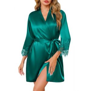 Wikoan Peignoir Satin Robes Courte pour Femmes Mariage en Dentelle Robe de Chambre Soie Kimono Sexy Robe de Mari&eacute;e V&ecirc;tements de Nuit Doux Vert Fonc&eacute; XXL (Wikoan Direct, neuf)