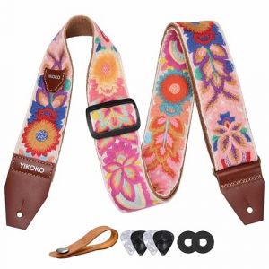 YIKOKO Sangle de guitare en coton tricot&eacute; &agrave; fleurs de 5,1 cm avec extr&eacute;mit&eacute; en cuir pleine fleur, pour guitares basses, &eacute;lectriques et acoustiques, bouton de sangle, 2 verrous de sangle et 4 m&eacute;diators (zs-Kiwi, neuf)