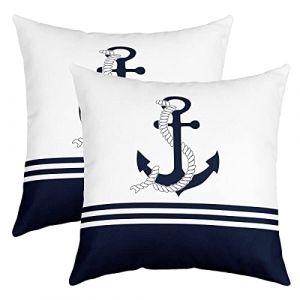 Ancre Décor Taies d'oreiller 60x60cm Doux Enfants Nautique Thèmes Décoratif Lot De 2 Housses de Coussin pour Mer Côtière Taie Oreiller Mer Adventure Marine Bleu Blanc Housse Coussins (Bofanshangmao, neuf)