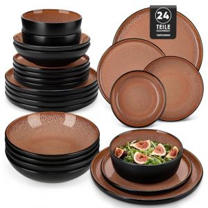 vancasso AMBER Service Vaisselle 6 Personnes, Ensemble Assiettes de Table 24 Pi&egrave;ces en Gr&egrave;s - Assiettes Plates, Assiettes &agrave; Dessert, Bols &agrave; P&acirc;tes et Bols - Adapt&eacute; au Micro-Ondes - Gla&ccedil;ure Rouge (vancasso Urban Home, neuf)