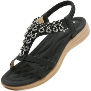 Acfoda Sandales Femme &Eacute;t&eacute; Chic Plates Confortable Boh&ecirc;me Chaussure L&eacute;ger Mules Tongs Orthop&eacute;diques Sandalette Cuir nus pieds avec Strass Noir 38 (Nzcm, neuf)