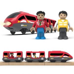 DxxD Train à Piles pour Chemin de Fer en Bois, Jouet Train de Locomotives Son et Lumière, Véhicules Electrique Enfant 3 4 5 6 7 8 Ans, Jouet pour Voie Ferrée en Bois Compatible avec Brio Thomas, Rouge (MilkyWayToy, neuf)