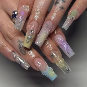 Faux ongles, ongles à presser Faux ongles longs en forme de cercueil avec colle, faux ongles marron portables avec strass, presse de Ballet, couverture complète(49) (zhangtingamz, neuf)