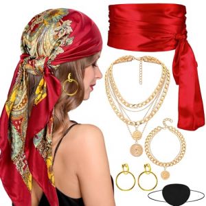 Amlisia Accessoires Pirate Femme, Accessoires Costume Pirate Tenue Pirate Adulte avec Bandana Foulard Eye Patch Sash Bijoux pour Cosplay Halloween Party (Rouge) (Amlisia, neuf)
