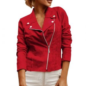 JOASDAO - Veste en cuir su&eacute;d&eacute; synth&eacute;tique pour femme - Manteau moto court &agrave; zip oblique - Blazer motard &agrave; la mode - Vestes courtes habill&eacute;es, Rouge, L (wangcuixia, neuf)