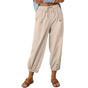 CheChury Pantalon Femme &Eacute;t&eacute; Lin Coton Pantacourt Chic Pantalon Fluide D&eacute;contract&eacute; &agrave; Jambes L&eacute;ger 7/8 Pantalon avec Cordon Poches Ample Doux Respirant,Beige,M (LYworld, neuf)