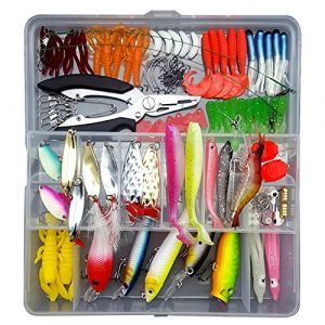 RoseFlower Kit de Leurres de P&ecirc;che - Coffret de 142 Pi&egrave;ces avec vers en Plastique Souple et Leurres Cuill&egrave;res, App&acirc;ts d'eau Douce pour Bar, Truite, Saumon, Fournitures de P&ecirc;che et Se&ntilde;uelos de Pesca (SafePeaceShopEU, neuf)