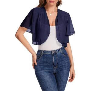 Bbonlinedress Cardigan Boléro Court Femme en Mousseline de Soie Gilet à Manches Évasées Courte Gilet Boléro Veste Elégant Chic pour Mariage Soirée Casual Navy 2XL (Bbonlinedress, neuf)