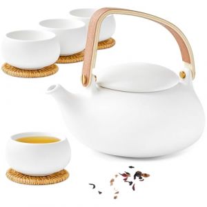 ZENS Theiere avec infuseur, Th&eacute;i&egrave;re en japonaise avec 4 tasse pour le th&eacute; en vrac, blanc c&eacute;ramique Th&eacute;i&egrave;re avec filtre en acier inoxydable 304 pour les fleurs Th&eacute;, manche en bois moderne (ZENS LIFESTYLE EU, neuf)