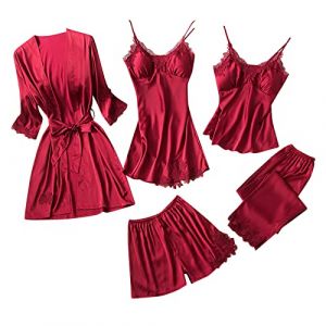 G&eacute;n&eacute;rique 5 Pi&egrave;ces Femme Sexy Chic Ensemble De V&ecirc;tements De Nuit en Satin Nuisette Dentelle Cami Chemise De Pyjama, Feminin Sensuelle Peignoir de Soie Chemisette De Nuit Ensemble De Lingerie (qieycgd, neuf)