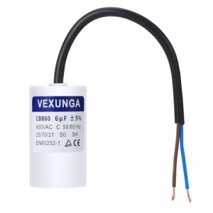 VEXUNGA CBB60 AC Condensateur 6uF 450V Condensateurs de Démarrage Moteur Volet Roulant 6MFD 450VAC SH 35x68MM 50/60Hz Avec Fil pour Pompe Piscine (VEXUNGA-FR, neuf)