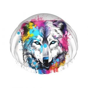 Bonnet de douche, bonnet de douche loup color&eacute; pour femme, r&eacute;utilisable, imperm&eacute;able, bonnet de douche, double couche &eacute;lastique pour cheveux longs (JQMY-EU, neuf)