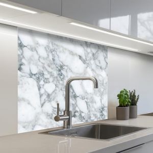 KitchenYeah© Crédence Cuisine À Coller 80x80 cm Protection Plaque De Cuisson Adhesif Plastique Rigide Dalle Murale Mosaïque - Marbre - Blanc - Irrégulier (KitchenYeah, neuf)