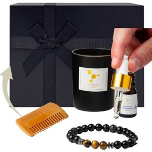 Coffret cadeau homme - GRAND Coffret Homme Original - cadeau anniversaire homme : Bougie Parfumée + Bracelet Diffuseur Huile Essentielle + huile essentielle (PATCHOULI)+ Peigne Bois (ALMASS., neuf)