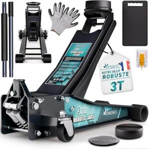 TRESKO Cric hydraulique 3 t - Hauteur de levage 75 &agrave; 510 mm - Cric hydraulique pour voiture - Cric plat avec double piston et roulettes &agrave; 360&deg; - Avec 2 patins en caoutchouc, tapis de protection, gants (DWD-Company, neuf)