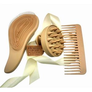Set de Coiffage Nomade, Brosse Ergonomique, Peigne Large et Masseur du Cuir Chevelu avec Pochette en Toile de Jute, 3 Pi&egrave;ces. (L'&Eacute;CRIN DE C&Eacute;CILE, ton moment beaut&eacute;, ta bulle de paix, neuf)