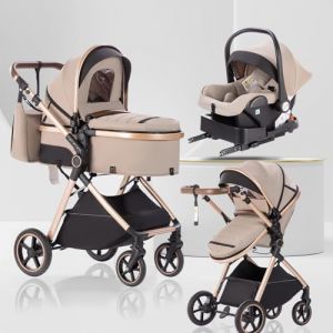 Lnhcrbs Poussette 3 en 1 avec Nacelle, Poussette de Voyage's Nacelle est Pliable, Trio Poign&eacute;e est R&eacute;glable, les Roues sont en Mat&eacute;riau PU, pour Enfant de la Naissance &agrave; 3 Ans-Kaki-Beige (Lnhcrbs, neuf)
