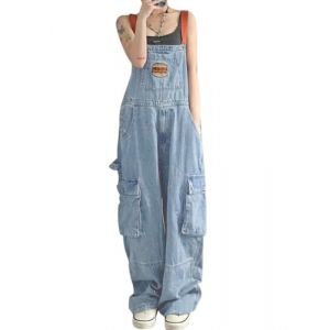 Minetom Salopette D&eacute;contract&eacute;e en Denim pour Femme Salopette en Jean Ample Combinaison Jumpsuit Overalls avec Poches A06 Bleu XXL (Mon Bon Coup FR, neuf)