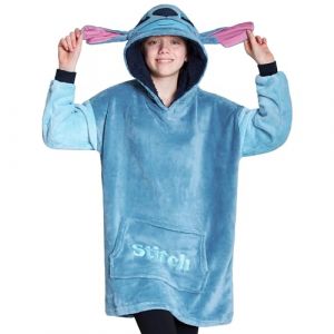 Disney Sweats à Capuche Fille, Pull Plaid Enfant, Pull Stitch, Poncho Plaid Oversize en Polaire Enfant Ado Taille Unique (Bleu Stitch) (Get Trend., neuf)