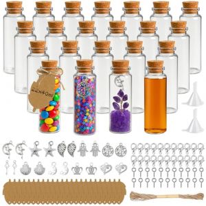 Ferenando 22 Pcs Petite Fiole en Verre avec Bouchon Liege, 40ml Petite Bouteilles en Verre avec Étiquette & Pendentif, Mini Bouteille pour Contenant Dragées Baptême, Cadeau Mariage, Fête, DIY (xinfuhong, neuf)