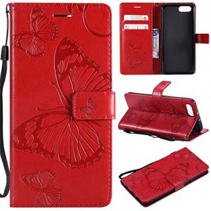 ShuiSu Housse Coque pour Huawei Honor View 10, Motif Papillon en Relief Cuir PU Silicone Souple Fermeture Magn&eacute;tique Portefeuille B&eacute;quille Pochettes &agrave; Cartes Dragonne Protecteur &Eacute;tui &agrave; Rabat -Rouge (ShuiSu-FR, neuf)
