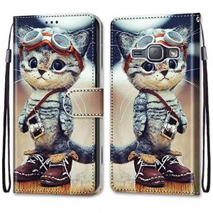 Mo-Somnus Coque pour Samsung Galaxy J1 2016, Etui en Cuir PU Portefeuille Housse Coque avec 360 Degr&eacute;s Silicone Antichoc Protection Cover Cuir Pochette Magn&eacute;tique und Flip B&eacute;quille (Chat 1) (Mo-Beauty EU Store, neuf)