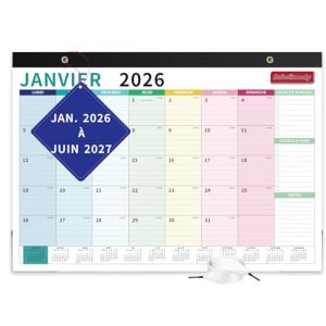 Calendrier 2026 Mural Grand Format Janvier 2026 &agrave; Juin 2027 Avec Couverture Imperm&eacute;able Calendrier Familial Color&eacute; Planificateur Bureau Organisateur Mensuel, 43 x 31 cm (Saiwiimody, neuf)